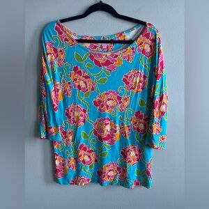 Lilly Pulitzer Shirt Womens Blue Floral Pirates Bootyniere Coastal Resort